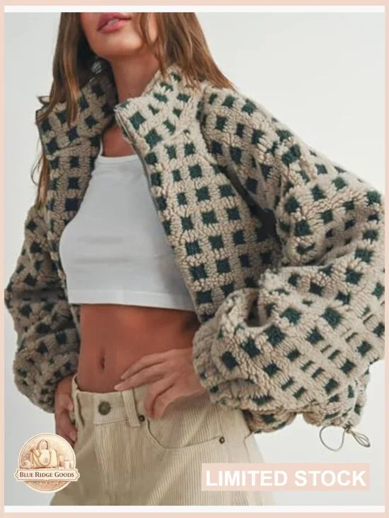 Long Sleeve Cropped Sherpa Fleece Jacket Plaid Teddy Oversized Chunky Outerwear - Picture 4 of 7